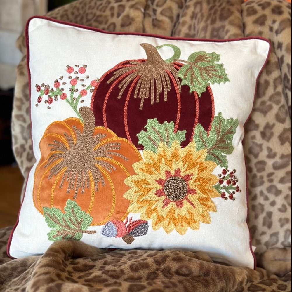 Autumn Harvest Embroidered Accent Pillow